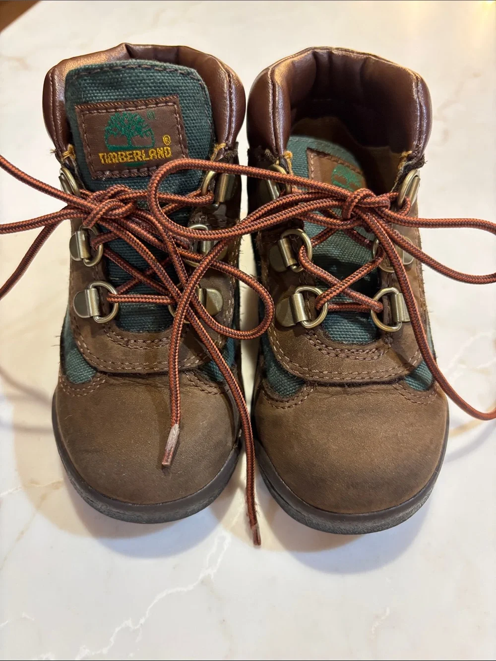 Timberland Kids Brown Leather Boots with Green Panels Size 8 Toddler